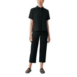 EILEEN FISHER BLACK WASHABLE CREPE STRAIGHT PANT WITH YOKE